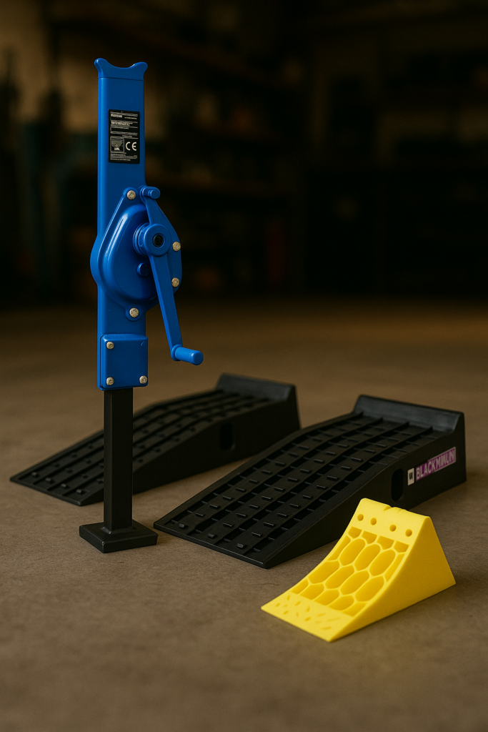 rack jacks, car ramp and wheel chocks