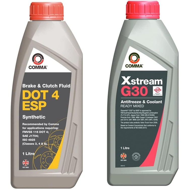 comma-bf4esp1l-dot-4-esp-1l-synthetic-brake-fluid-xsm1l-1l-xstream-g30-antifreeze-and-coolant-ready-mixed-red-01-yxw