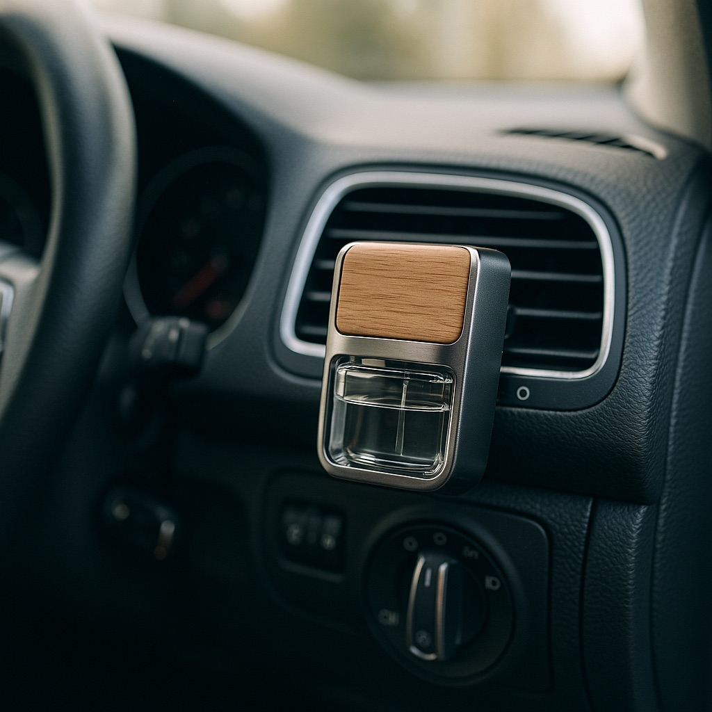 Refillable car air freshener with car diffuser refill in a car interior
