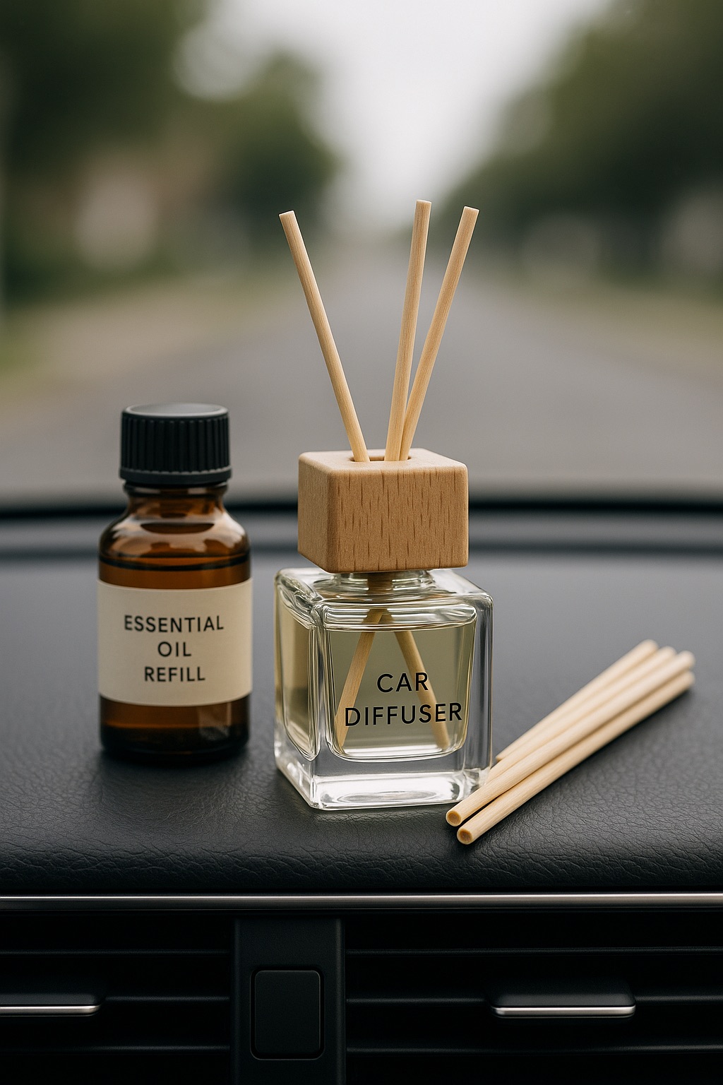 Car air freshener refill bottle and car air freshener refill sticks for a refillable air freshener car